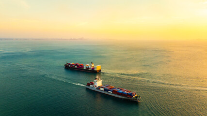 Aerial view of the freight shipping transport system cargo ship container. international...