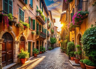 Obraz premium Charming Verona Street Scene: Italian Architecture, Cobblestone Street, Historic Buildings, Sunlit Alleyway, Romantic Travel Destination