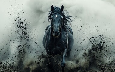 Obraz premium Majestic black horse running, kicking up dust and dirt.