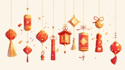 Colorful hanging decorations with a festive theme, featuring various traditional shapes and symbols, predominantly in red and gold tones.