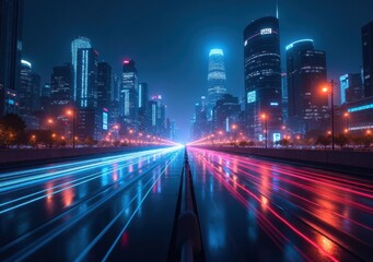 Vibrant city landscape at night with colorful light trails on wet road