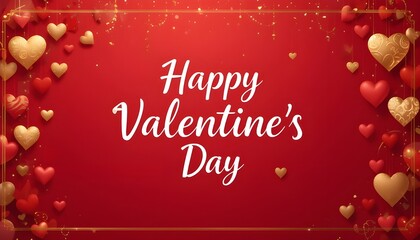 Naklejka premium Celebrating Valentine's Day with warm wishes. The artwork showcases a vibrant red background embellished with a garland of gold and red hearts, ideal for use in postcards, invitations, and banners