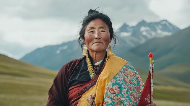 Tibetan Woman in Traditional Chuba Attire Holding a Flag Against a Scenic Mountain Backdrop