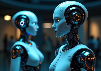 Two intelligent robots with glowing features stand side by side in a futuristic setting