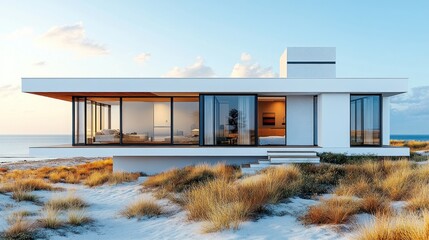 Modern beachfront house with large windows, wooden accents, and ocean views.