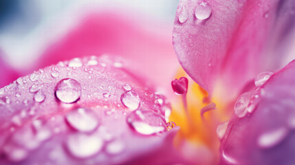 Close up of pink flower petal with water droplets, showcasing delicate textures and vibrant colors. soft focus enhances beauty and freshness of nature