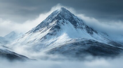 Obraz premium Majestic Snow-Capped Peak Mysteriously Swathed in Clouds: Wide Shot Mountain Photo. AI Generated