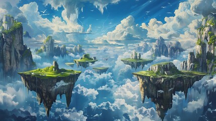 A surreal painting of floating islands in the sky, with a mockup at the center of the wall. full ultra hd, high resolution