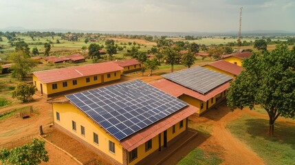 Solar Panels Being Installed on Roofs of Rural Buildings with Scenic Landscape in Background
