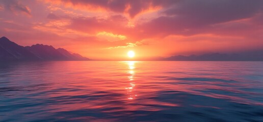 Obraz premium Vibrant sunset over calm ocean, reflecting golden light on water, silhouettes of distant mountains.