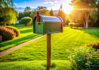 Classic US Mailbox on Lush Green Lawn - Summer Stock Photo