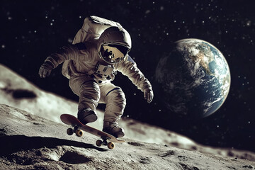 An astronaut performs an impressive skateboard trick on the moon's surface, under the vast starscape, with Earth visibly shining in the background, symbolizing human creativity, freedom, and extraterr