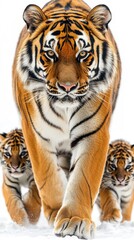 Fototapeta premium A majestic tiger leads two cubs through a snowy landscape, showcasing strength and family bonds.