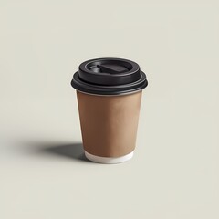 Disposable craft paper coffee cup with a black lid isolated white background, 3d render mockup, package design for branding