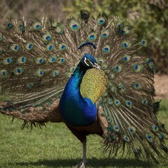 Naklejka premium Snap a peacock in mid-flight, displaying its colorful plumage.