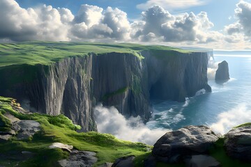 A breathtaking coastal landscape with cliffs, greenery, and a serene ocean view.