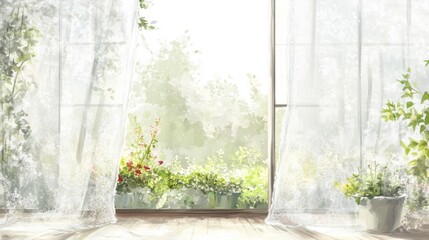 Bright and Airy Room with Sheer Curtains and Lush Greenery, Inviting Natural Light and Peaceful Serenity through Large Windows, Perfect for Relaxation and Inspiration