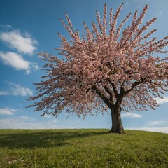 Fototapeta premium A lone cherry blossom tree in a field of fresh grass, surrounded by falling pink petals under a serene blue sky.