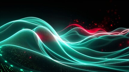 Fototapeta premium A swirling cascade of abstract waves resembling data streams, rendered in creative light art. Waves have a smooth, rhythmic flow incorporating pixelation and glitch effects. Monochrome shades with el