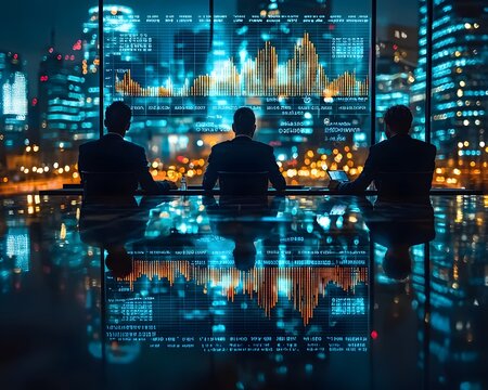 Silhouetted Business Professionals Viewing Financial Growth Projections in Glass Walled Conference Room - Powered by Adobe