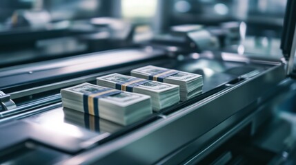 Fototapeta premium A close-up shot of a modern banknote counting machine in action, with freshly stacked bills being processed, showcasing the machine sleek design and precision. -