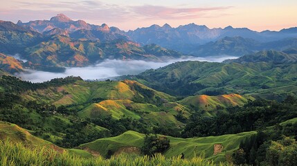 Fototapeta premium Sunrise over misty mountain range and terraced hills.