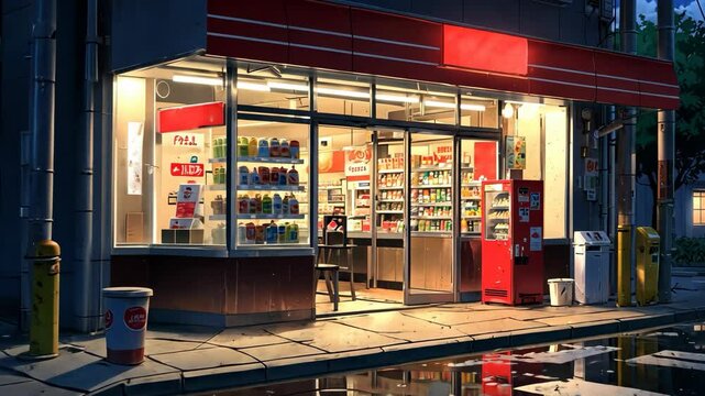 Video footage of brightly lit convenience store with a red awning and vending machines, reflected on wet pavement at dusk, creating a cozy and urban evening scene