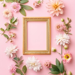 Fototapeta premium Golden Frame Floral Arrangement on Pink Background 