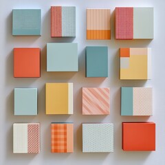 A minimalist composition of diffrent size such as rectangle small and bog paper boxes arranged in a grid. side angle view. 