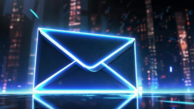 Video footage of glowing neon envelope icon set against a futuristic cityscape, symbolizing digital communication in a high tech environment