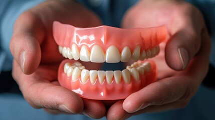A dentist hands carefully adjusting a set of dentures in a dental office, focusing on the precision and craftsmanship behind the creation of the prosthetic teeth.