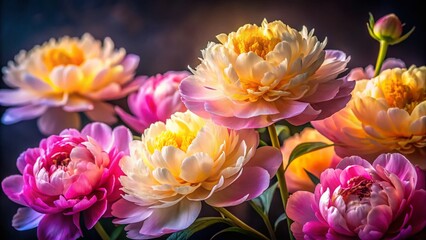 Obraz premium Close-up of Pink, Yellow & White Peonies in Low Light - Soft Floral Photography