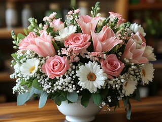 Stunning Pastel Pink Flower Arrangement Photo: Close-Up View of Delicate Roses, Lilies, and Daisies in Elegant Bowl. AI Generated