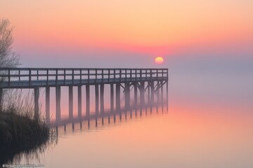 Obraz premium Tranquil pier over a calm lake at sunset