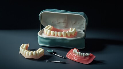 A high-quality image of a pair of dentures in a dental care kit, with cleaning tools and a protective case beside them, representing proper dental hygiene practices.