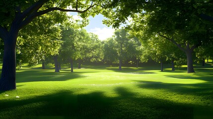 Fototapeta premium A serene landscape featuring lush green grass and trees under a bright sky.