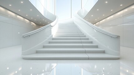 Obraz premium Modern white curved staircase in a bright minimalist building.
