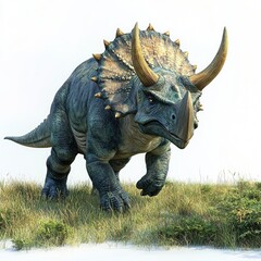 Fototapeta premium A realistic depiction of a Triceratops walking through a grassy landscape.