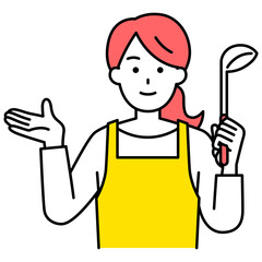 おたまを持って紹介するエプロン姿の女性