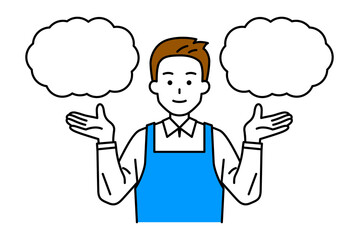 二つの選択肢を提案するエプロン姿の男性