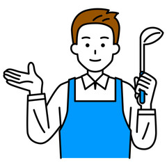 おたまを持って紹介するエプロン姿の男性