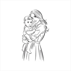 Woman holds her child in arms Happy Mother day card Continuous line drawing Vector illustration. Mom and baby. Mom holds her son in her arms. Sketch. Vector illustration isolated on white background
