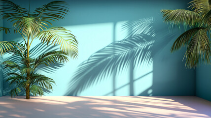 Fototapeta premium minimalist concept with palm leaves casting shadows on a blue wall and pastel floor, creating a summer tropical beach background in an empty room ideal for product placement 