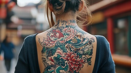Colorful Peony Tattoo on Woman's Back