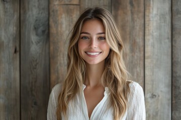 Fototapeta premium Portrait of a smiling woman with long blonde hair in soft light