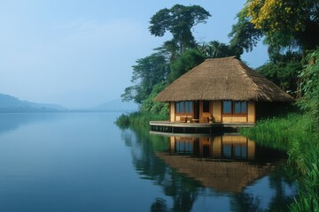 A traditional thatched roof hut on the water's edge, with a peaceful reflection in the lake. 
