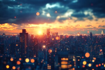 City skyline at sunset with glowing lights and dramatic clouds
