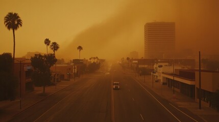 Dust storm engulfs deserted urban street with palm trees and buildings