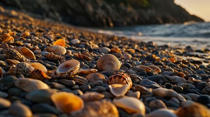 Obraz premium Close-Up View of Various Seashells on a Pebbly Beach Shoreline with Gentle Ocean Waves and Soft Lighting at Sunset, Creating a Serene Coastal Scene