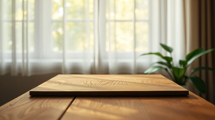 Fototapeta premium Empty Wood Tabletop, Blurred Window Curtain, Garden Sunlight, Product Display, Design Layout